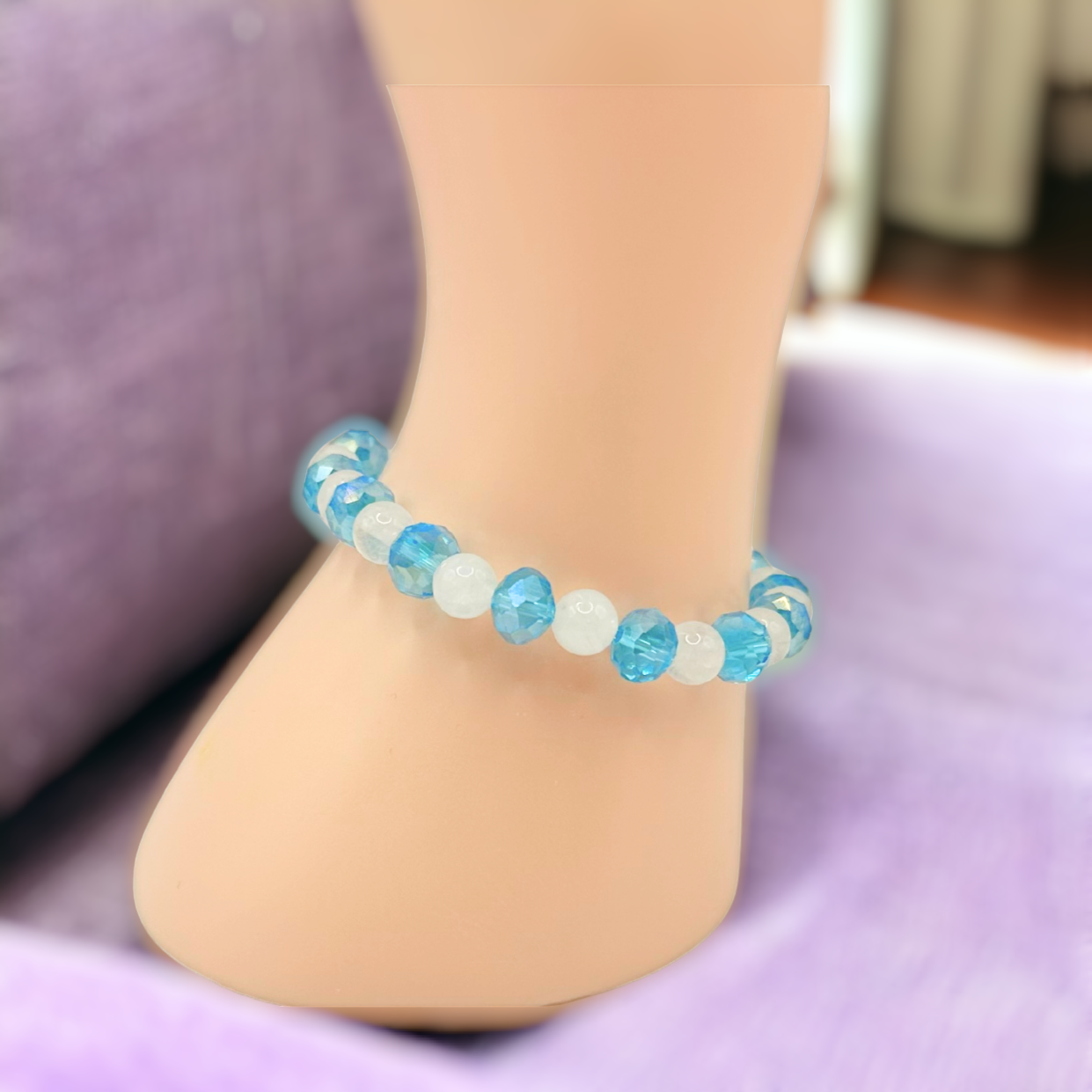 Snow Quartz Gemstones Lake Blue Glass Crystals Stretch Bracelet