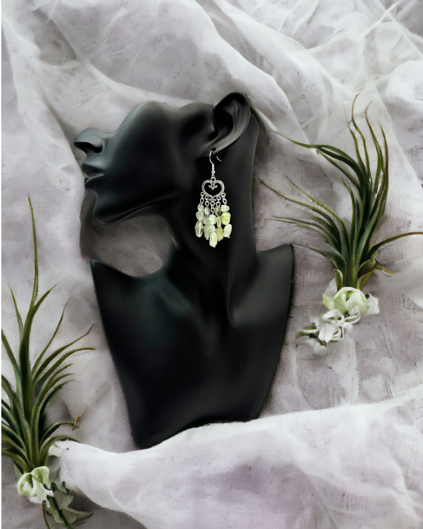 Prehnite Gemstone Nugget Antique Silver Heart Focal Drop Earrings