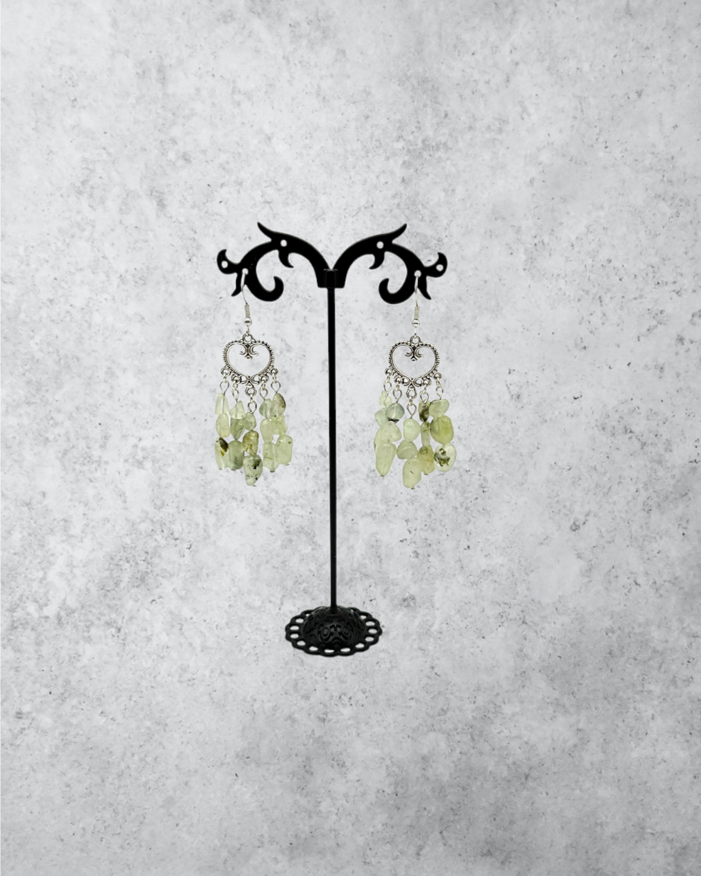 Prehnite Gemstone Nugget Antique Silver Heart Focal Drop Earrings